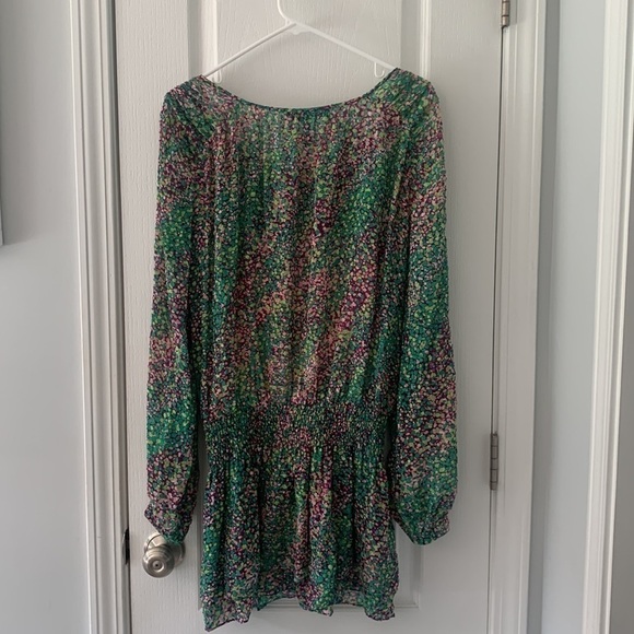 BCBGMAXAZRIA size S dotted mini dress 100%‎ silk green purple layers tunic - Picture 6 of 15